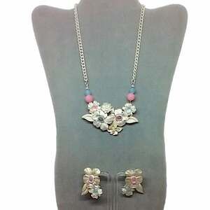 Floral Necklace and Earring Set Silver Metal Pink and Blue Accents